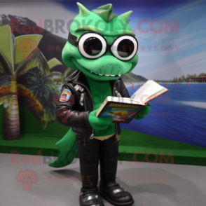 Forest Green Barracuda mascot costume character dressed with a Biker Jacket and Reading glasses