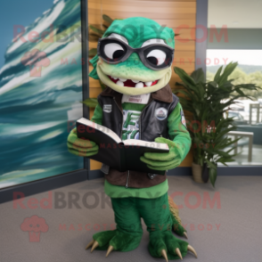 Forest Green Barracuda mascot costume character dressed with a Biker Jacket and Reading glasses