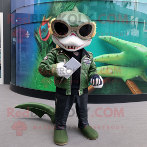 Forest Green Barracuda mascot costume character dressed with a Biker Jacket and Reading glasses