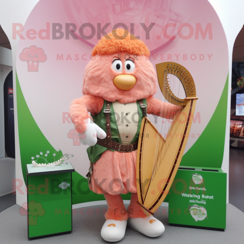 Peach Celtic Harp mascot costume character dressed with a V-Neck Tee and Backpacks Peach Celtic Harp mascot costume character dressed with a V-Neck Tee and Backpacks
