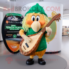Peach Celtic Harp mascot costume character dressed with a V-Neck Tee and Backpacks