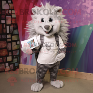 Silver Porcupine mascot costume character dressed with a Blouse and Wallets