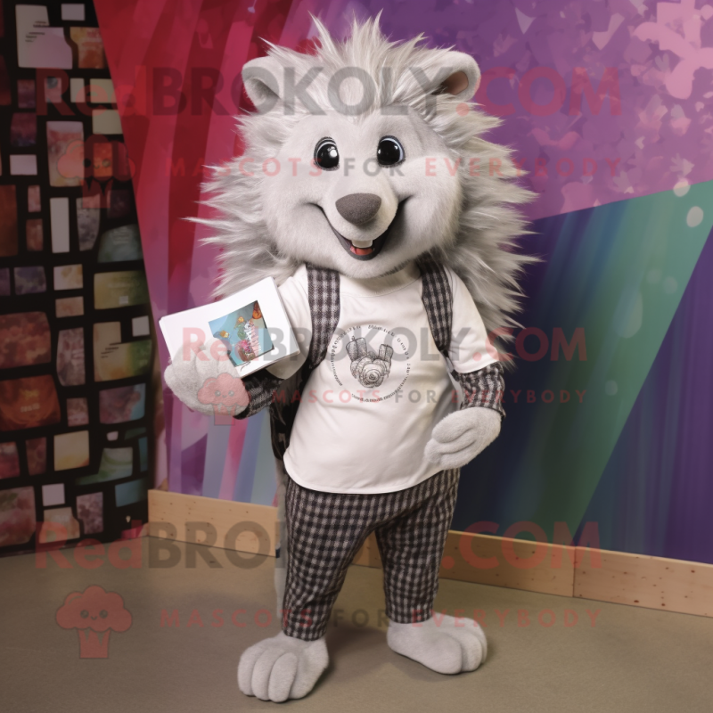 Silver Porcupine mascot costume character dressed with a Blouse and Wallets Silver Porcupine mascot costume character dressed with a Blouse and Wallets