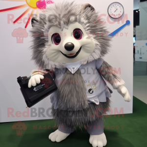 Silver Porcupine mascot costume character dressed with a Blouse and Wallets