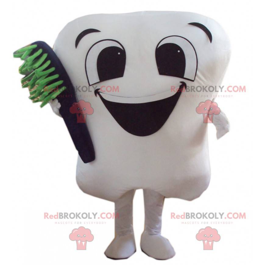Giant white tooth mascot with a toothbrush - Redbrokoly.com