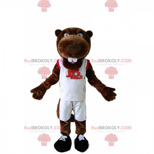 Mascote castor marrom em sportswear branco - Redbrokoly.com