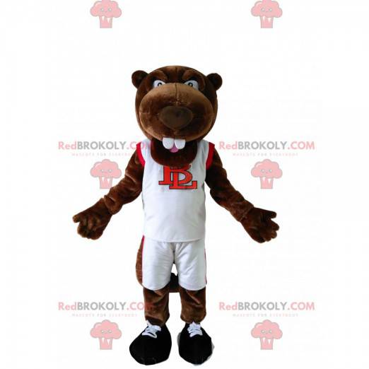 Maskot hnědý bobr v bílém sportovním oblečení - Redbrokoly.com