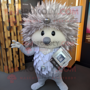 Silver Porcupine mascot costume character dressed with a Blouse and Wallets