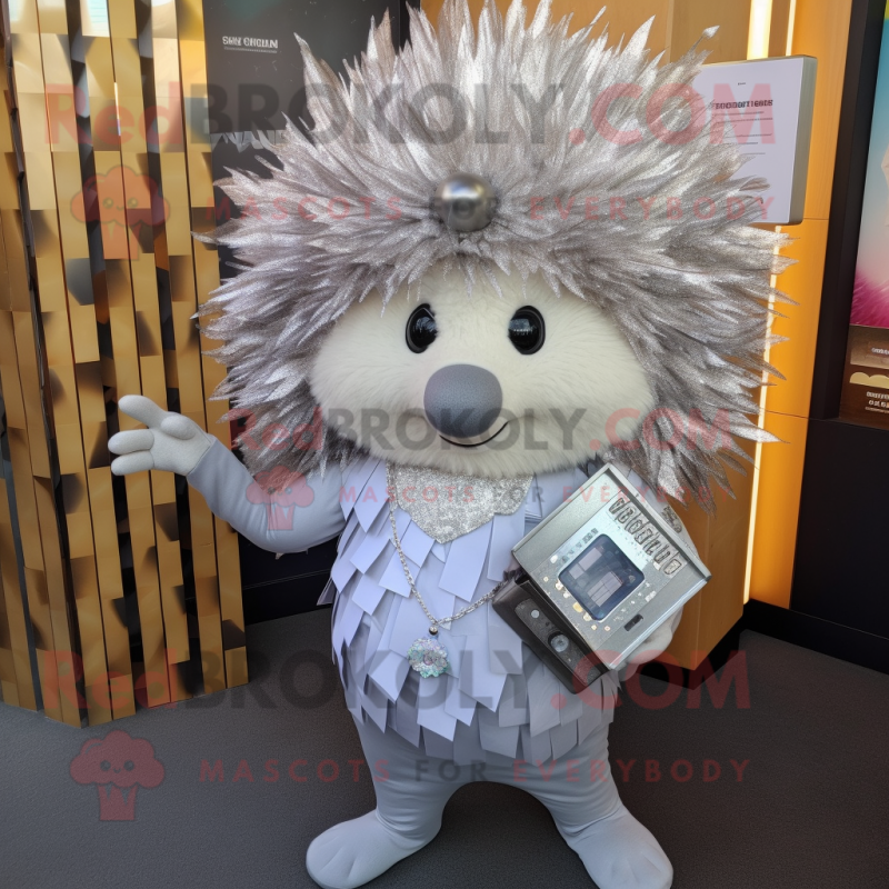 Silver Porcupine mascot costume character dressed with a Blouse and Wallets Silver Porcupine mascot costume character dressed with a Blouse and Wallets