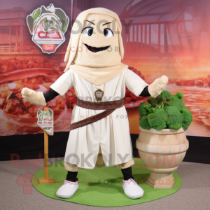 Beige Caesar Salad mascot costume character dressed with a Yoga Pants and Shawl pins