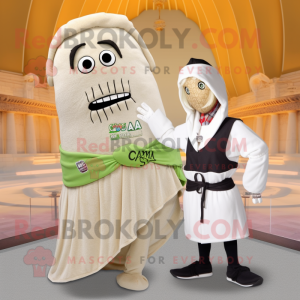 Beige Caesar Salad mascot costume character dressed with a Yoga Pants and Shawl pins