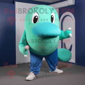 Green Blue Whale mascot costume character dressed with a Joggers and Cufflinks