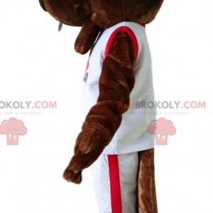 Maskot hnědý bobr v bílém sportovním oblečení - Redbrokoly.com