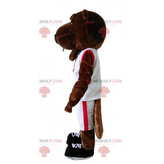 Mascota castor marrón en ropa deportiva blanca - Redbrokoly.com