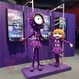 Purple Trapeze Artist mascot costume character dressed with a Mini Dress and Digital watches