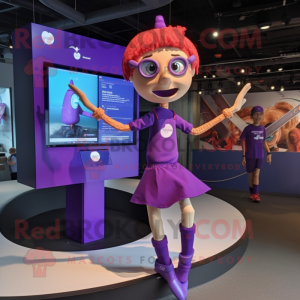 Purple Trapeze Artist mascot costume character dressed with a Mini Dress and Digital watches