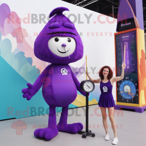 Purple Trapeze Artist mascot costume character dressed with a Mini Dress and Digital watches