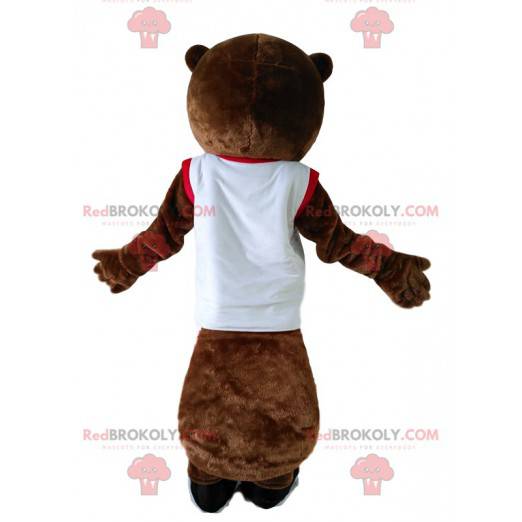 Brown beaver mascot in white sportswear - Redbrokoly.com