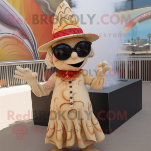 Tan Fire Eater mascot costume character dressed with a Empire Waist Dress and Sunglasses