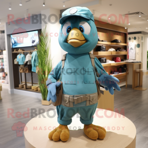 Cyan Dove mascot costume character dressed with a Cargo Shorts and Hat pins