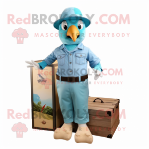 Cyan Dove mascot costume character dressed with a Cargo Shorts and Hat pins
