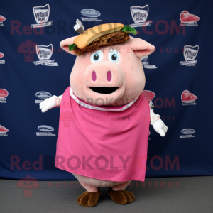 Pink Pulled Pork Sandwich mascot costume character dressed with a Cover-up and Scarf clips