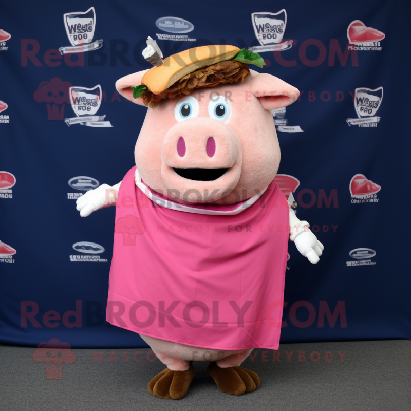 Pink Pulled Pork Sandwich mascot costume character dressed with a Cover-up and Scarf clips Pink Pulled Pork Sandwich mascot costume character dressed with a Cover-up and Scarf clips