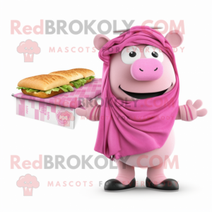Pink Pulled Pork Sandwich mascot costume character dressed with a Cover-up and Scarf clips
