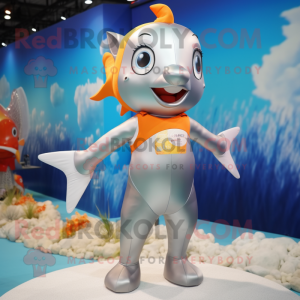 Silver Goldfish mascot costume character dressed with a One-Piece Swimsuit and Suspenders
