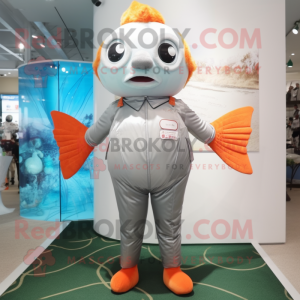 Silver Goldfish mascot costume character dressed with a One-Piece Swimsuit and Suspenders