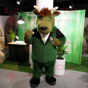 Green Woolly Rhinoceros mascot costume character dressed with a Sheath Dress and Tie pins