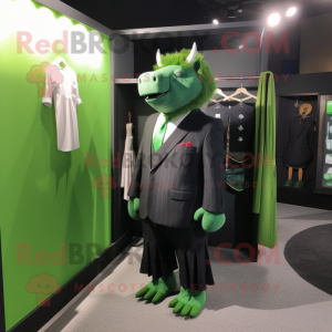 Green Woolly Rhinoceros mascot costume character dressed with a Sheath Dress and Tie pins