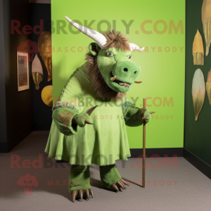 Green Woolly Rhinoceros mascot costume character dressed with a Sheath Dress and Tie pins