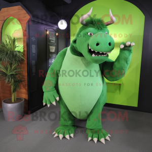 Green Woolly Rhinoceros mascot costume character dressed with a Sheath Dress and Tie pins