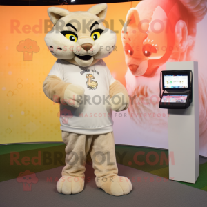 Beige Lynx mascot costume character dressed with a T-Shirt and Coin purses