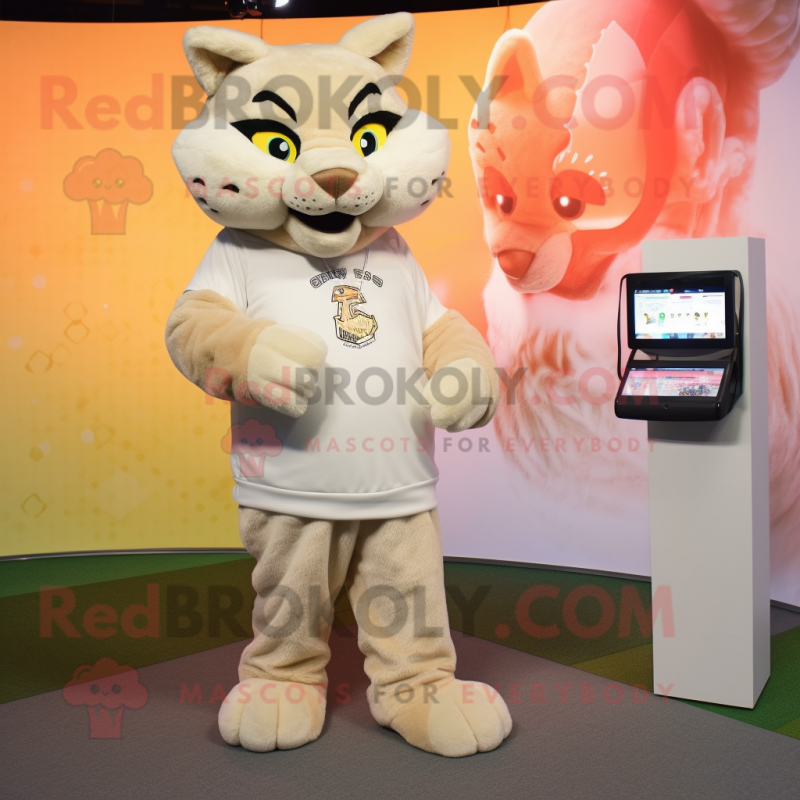 Beige Lynx mascot costume character dressed with a T-Shirt and Coin purses Beige Lynx mascot costume character dressed with a T-Shirt and Coin purses