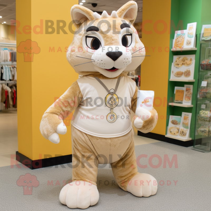 Beige Lynx mascot costume character dressed with a T-Shirt and Coin purses