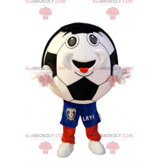 Smiling soccer ball mascot in blue shorts - Redbrokoly.com