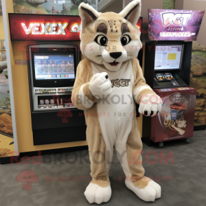 Beige Lynx mascot costume character dressed with a T-Shirt and Coin purses