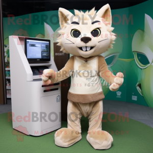 Beige Lynx mascot costume character dressed with a T-Shirt and Coin purses