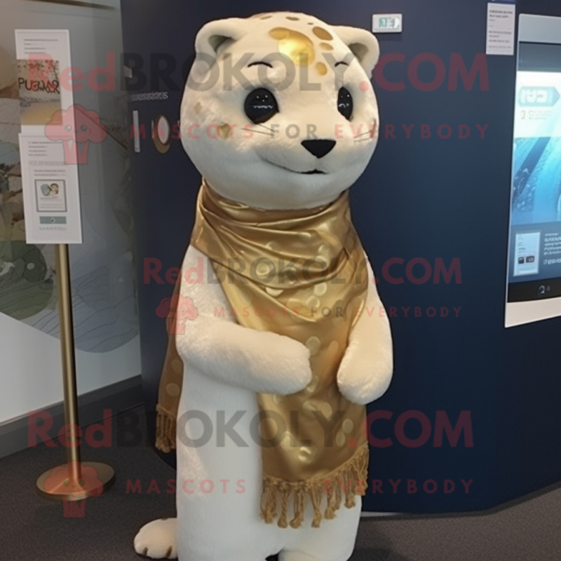 Gold Ermine mascot costume character dressed with a Playsuit and Scarves