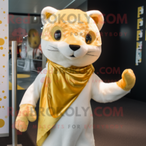 Gold Ermine mascot costume character dressed with a Playsuit and Scarves