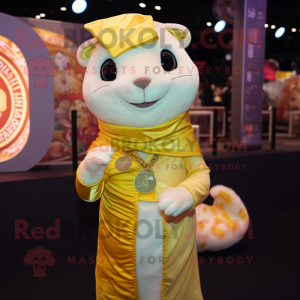 Gold Ermine mascot costume character dressed with a Playsuit and Scarves