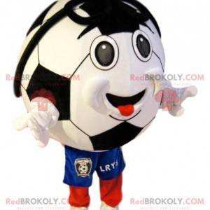 Smiling soccer ball mascot in blue shorts - Redbrokoly.com