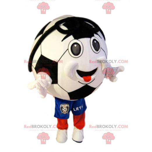 Smiling soccer ball mascot in blue shorts - Redbrokoly.com