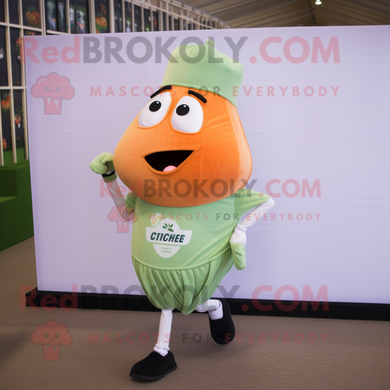 Peach Celery mascot costume character dressed with a Running Shorts and Pocket squares