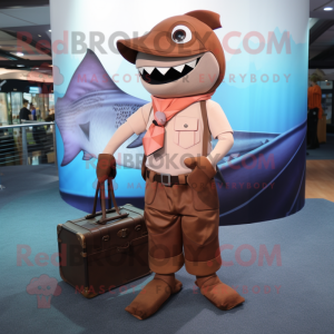 Brown Swordfish mascot costume character dressed with a Trousers and Handbags