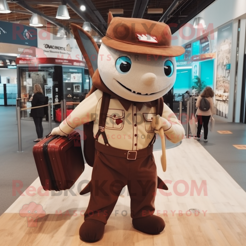 Brown Swordfish mascot costume character dressed with a Trousers and Handbags Brown Swordfish mascot costume character dressed with a Trousers and Handbags