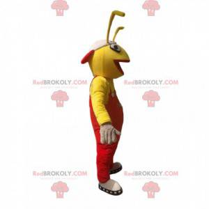 Formiga de mascote amarela de macacão vermelho. Fantasia de