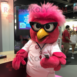 Pink Tandoori Chicken mascot costume character dressed with a Bomber Jacket and Reading glasses